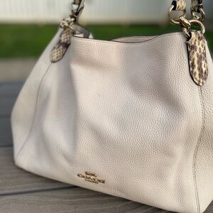 Coach Pebble Leather Shoulder Bag in Light Beige with Leopard Trim